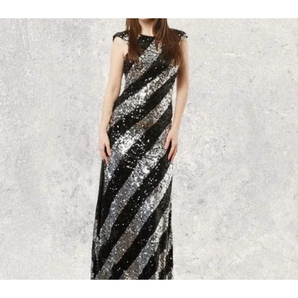 Maggie Sottero Flirt Statement Dress Black Silver Sequin Formal Gown Size 6